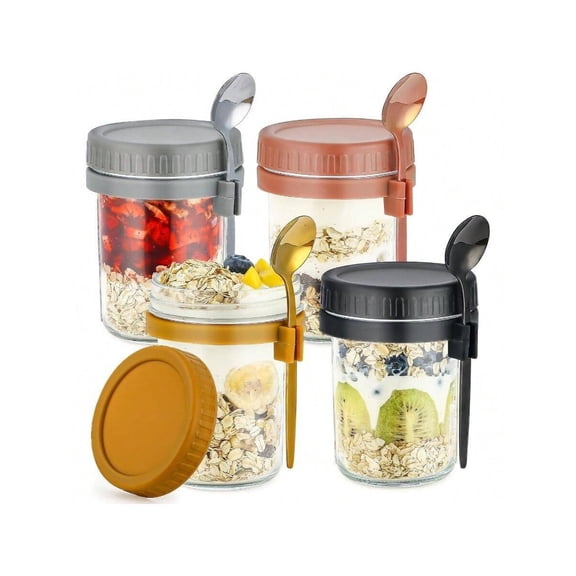 4 Pack Overnight Oats Containers With Lids And Spoons 16 Oz Glass Jars Overnight Oats Jars Leak Proof Oatmeal Container Great Cereal Fruit Vegetable Milk Salad Yogurt Meal Prep