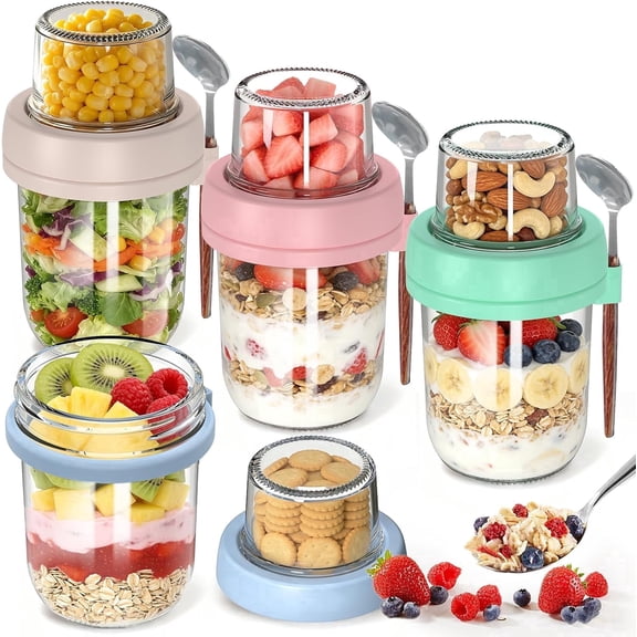 4 Pack Overnight Oats Containers with Lids and Spoons, 20 oz Glass Overnight Oats Jars, Dual-Layer Yogurt Containers with Dry & Wet Separation, Mason Jars for Oatmeal, Salad, Yogurt Meal Prep