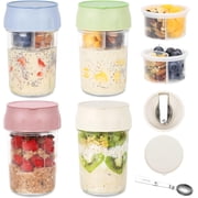 4 Pack Overnight Oats Jar Containers with Lids, Folding Spoons and Divided Compartments, Reusable 16oz Containers for Snack for Oatmeal, Chia Pudding, Yogurt, SaladWhite/Green/Pink/Blue