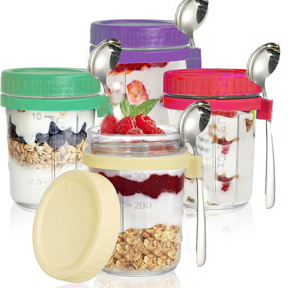 4 Pack Overnight Oats Jar Overnight Oats Containers with Lids and Spoons, 16 oz Glass Overnight Oats Marks Wide Mouth Mason Jars Breakfast Cup Container Canning Jars/Food Jars & Caniste