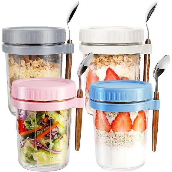 4 Pack Overnight Oats Jars, Overnight Oats Container with Lid and Spoon, 10 oz overnight glasses, Cereal, Milk, Vegetable and Fruit Salad Storage Container with Measurement Marks