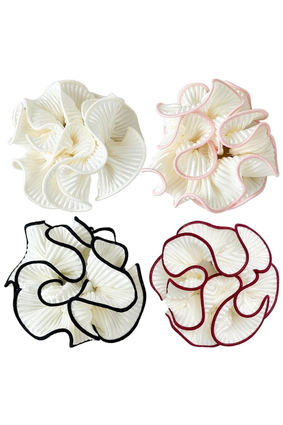 4 Pack Oversized Puffy Hair Scrunchies, 4.72 Inch Double Layer Pleated Ruffle Design, White with Colored Trim, Extra Large Hair Ties for Buns Ponytail Holders for Voluminous Look