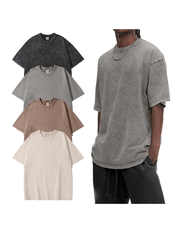 4 Pack Oversized T-Shirts for Men Wash T-Shirts Summer Vintage Heavyweight Shirt Cotton Tees