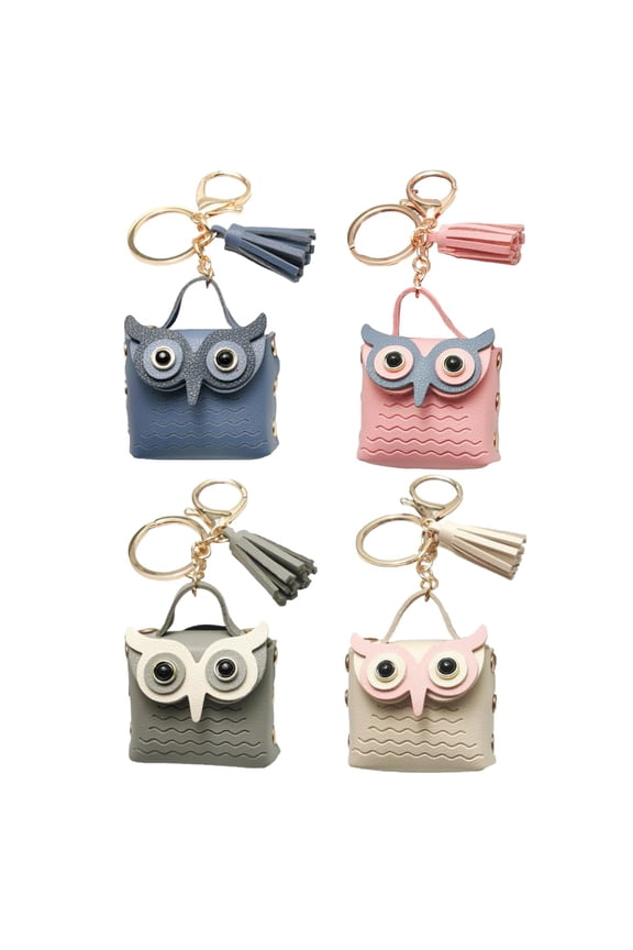 4 Pack Owl Shaped Keyrings Mini Bag Charm Keychains Leather Coin Purse with Tassel Couple Key Chain Pendant for Handbag Backpack Wallet Decor.