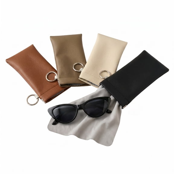 4 Pack PU Leather Sunglasses Pouch, Auto Close Eyeglass Case with Key Ring, Scratch Resistant Multi-Purpose Glasses Sleeve