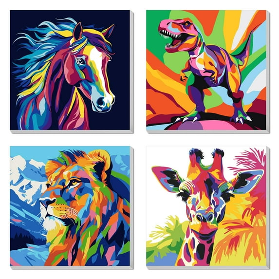 4 Pack Paint by Numbers Kit for Kids, Horse Color By Number Painting Kits for Kids Ages 8-12 Dinosaur Paint by Numbers with Framed Canvas Children DIY Paint by Number Kits for Beginners 8x8 Inch