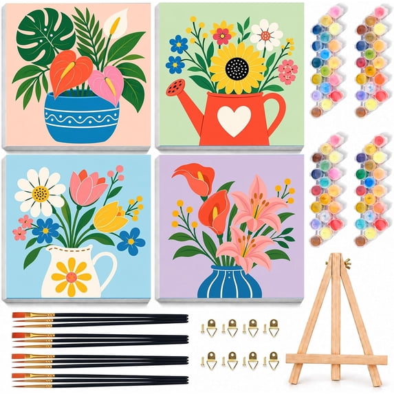 4 Pack Paint by Numbers Kits for Kids with Frame Wooden Easel 8x8 Inch ...