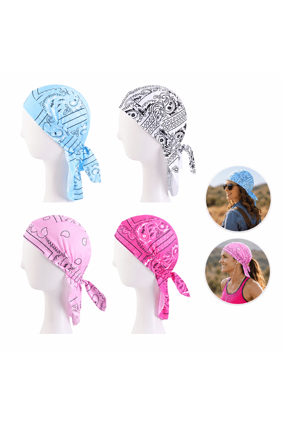 4 Pack Paisley Cooling Headscarf Cap Set, Breathable Bandana Beanie Skull Cap with Adjustable Straps, Lightweight Helmet Liner Head Wrap for Men Women, Cycling, Running, Outdoor