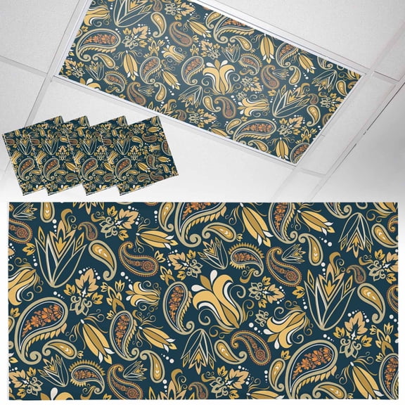 4 Pack Paisley Fluorescent Light Covers for Ceiling Lights Yellow Flowers Retro Abstract Floral Magnetic Ceiling Light Covers Overhead Light Filters for Office Classroom Home