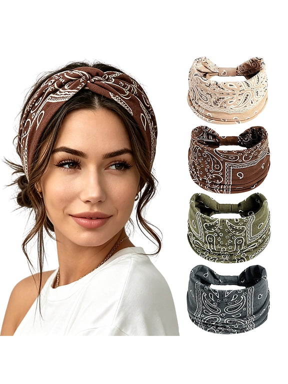 4 Pack Paisley Twist Knot Wide Headbands for Women, Soft Stretchy Boho Bandana Hair Wraps, Non Slip Floral Print Sweat Hair Bands for Yoga Workout Daily Casual Outfits