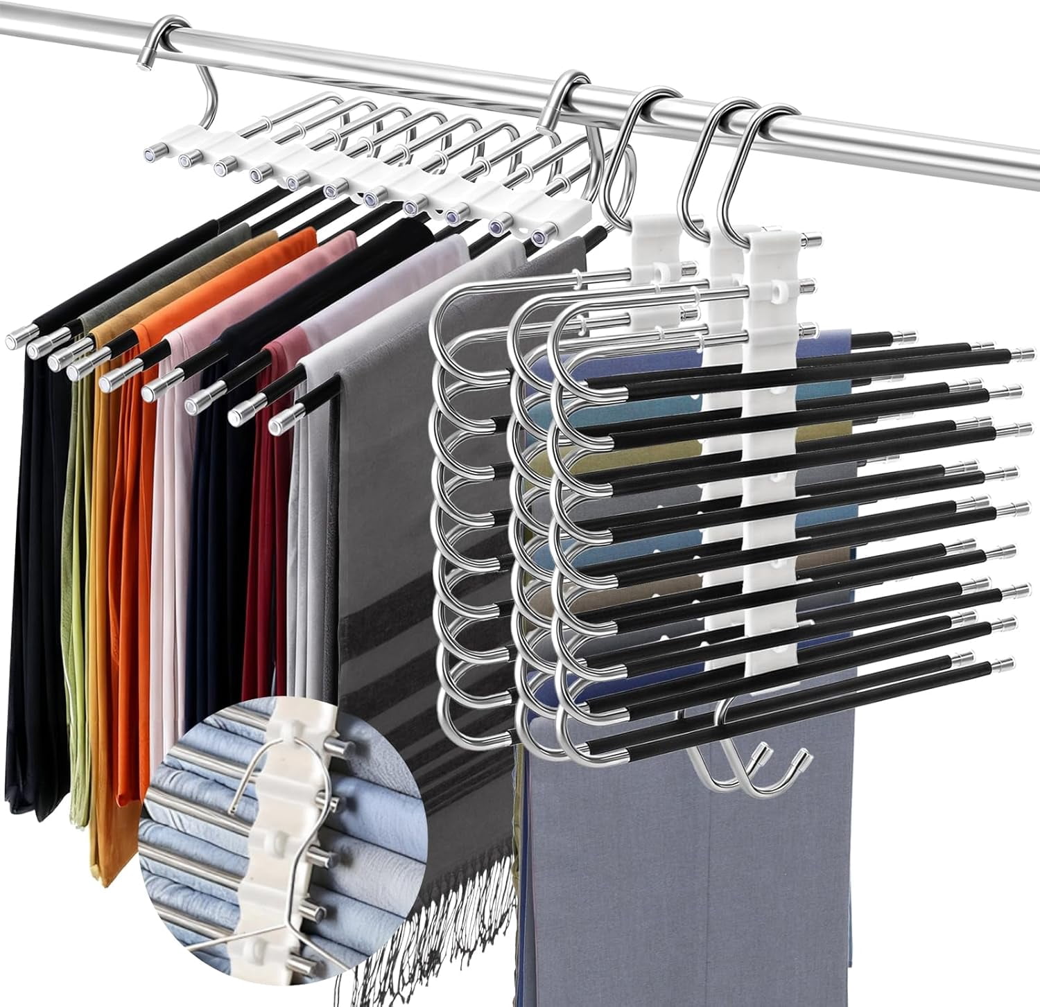 4 Pack Pants Hangers Space Saving 9 Layers, Non-Slip Closet Storage Organizers, Stainless Steel Jean Clothes Hanger Pants Rack for Trousers Scarf Leggings Skirts, Dorm Room Apartment Essentials
