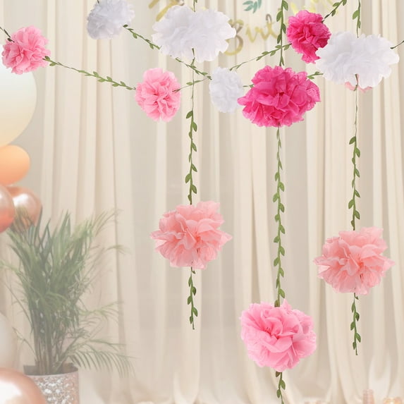 4 Pack Paper Flower Garland Lightweight Bright Color Simulation Pom Leaf Banner for Birthday Wedding Engagement Baby Shower