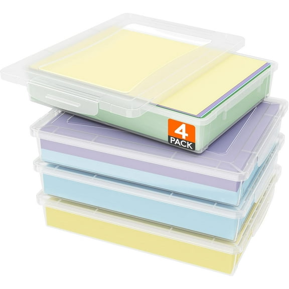4 Pack Paper Organizer Storage, 32 x 23 cm/12x9 Multi-Purpose Plastic File Box with Latching Lids, Containers for A4, 8.5" x 11" Letter, Scrapbook, Document, Magazine, Art Supplies, Clear