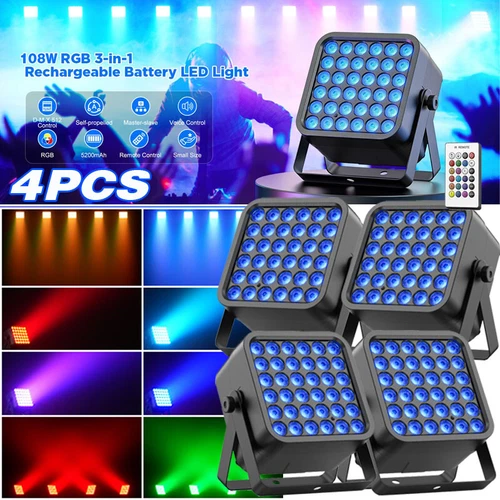 4 Pack Par Light 54W RGBWA+UV 6-in-1 LED Rechargeable Battery DMX512,Master-slave,Auto,Remote,Sound-activated Modes Ideal for Party, Stages, Wedding