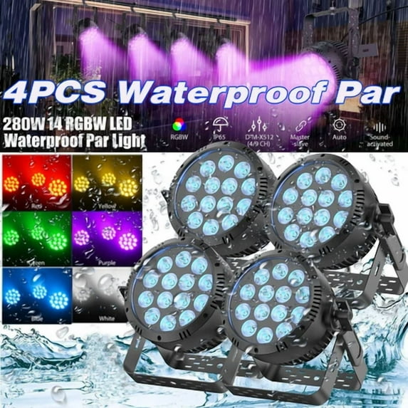 4 Pack Par Light IP65 Waterproof 14PCS RGBW 4-IN-1 LED Lighting Outdoor Stage Light DMX Party Strobe Effect DJ Light for Church Night Disco Club Wedding