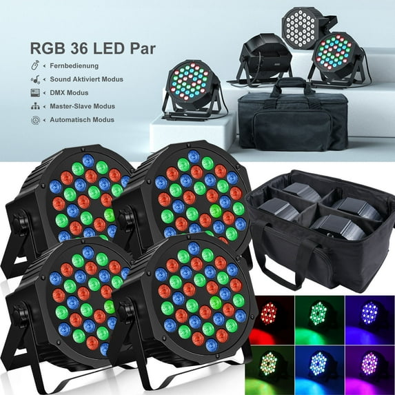 4 Pack Par Lights with Bag, 36 LED Round Stage Lights Sound Activated Party Lights, RGB Uplighting Lights with Remote Control Stage Lighting for DJ Club KTV Disco