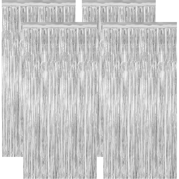 4 Pack Party Decorations, Metallic Silver Backdrop, Photo Booth Props Silver Curtains Tinsel Backdrop Foil Streamer, 21st Birthday Decorations Bachelorette Decor