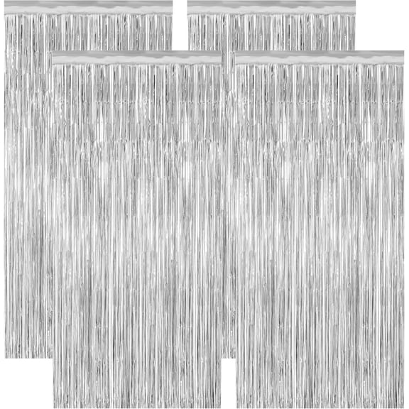 4 Pack Party Decorations, Metallic Silver Backdrop, Photo Booth Props Silver Curtains Tinsel Backdrop Foil Streamer, 21st Birthday Decorations Bachelorette Decor