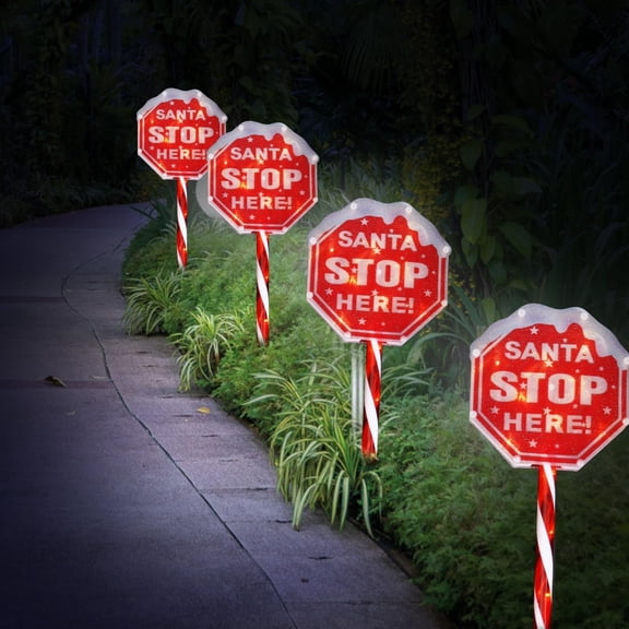 Unbranded Christmas Pathway Lights Santa Stop Here Sign Outdoor Solar Dusk till Dawn 4-Pack