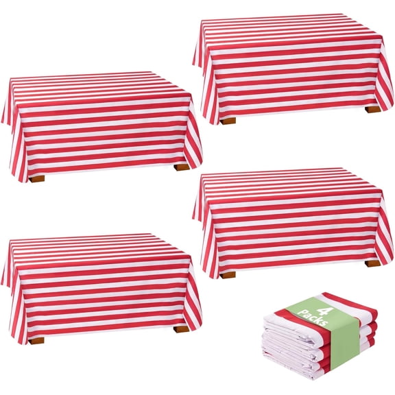 4 Pack Patriotic Theme Striped Tablecloths, 4PCS Red White, 57 x 120 Inch Reusable Washable Picnic Table Cloth for Carnival, Outdoor Party Picnic Kitchen