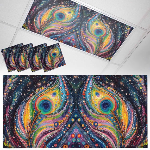 4 Pack Peacock Feathers Fluorescent Light Covers for Ceiling Lights Blue Ombre Colorful Feather Magnetic Ceiling Light Covers Overhead Light Filters for Office Classroom Home