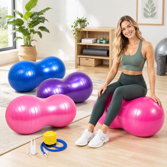4-Pack Peanut Exercise Balls with Pump, Anti-Burst PVC, Adjustable Size for Home Office and Gym Use