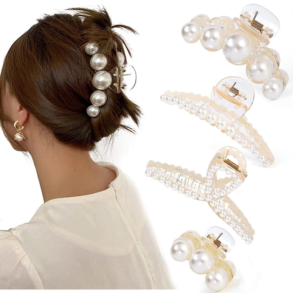 Mr.lake 4 Pack Pearl Hair Claw Clips for Women, Strong Hold Non-slip Jaw Clips for Thick Thin Long Hair, Pearl Cluster Pearl Strip X-Shape Styles