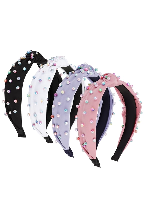 4-Pack Pearl Knotted Headbands for Women, Top Knot Turban Hair Bands, Fashion Hair Accessories