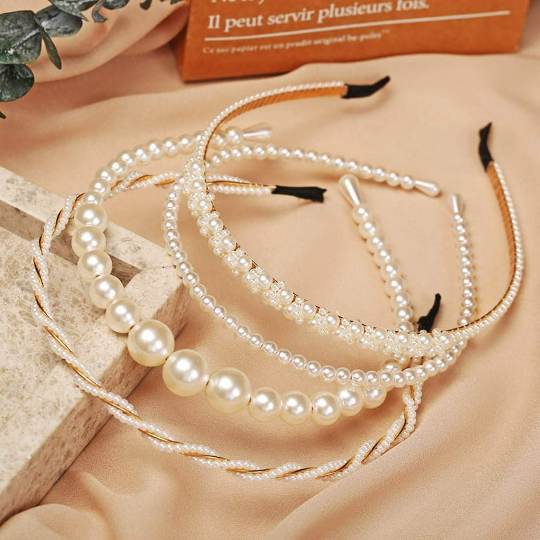 BEAYFILY 4 Pack Pearls Fashion headbands,white Artificial Pearl Rhinestones Hairbands,Bridal Hair Hoop Party Wedding Hair Accessories for Women Girls