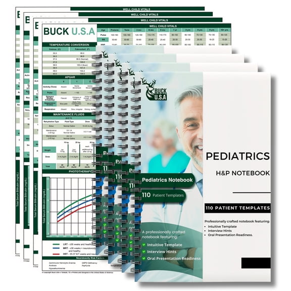4 Pack Pediatrics H&P Notebook: 110 Perforated Medical History & Physical Templates, 2-Page View, Pocket Size 8.5"x5.5", Includes Medicine Reference Sheet, Ideal for Students & Professionals