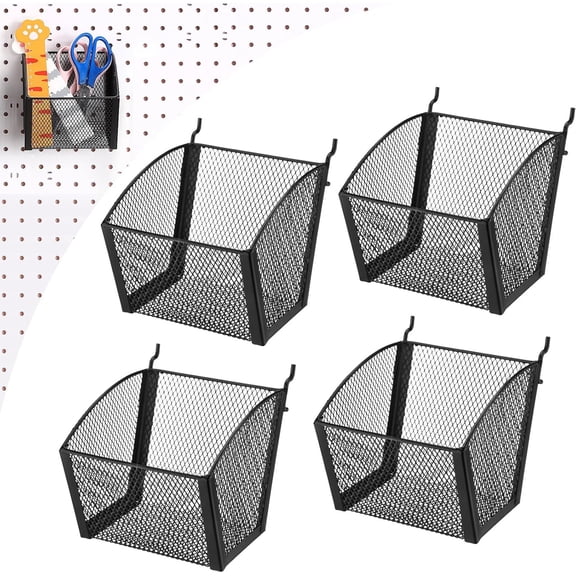 4 Pack Pegboard Baskets Metal Wire Storage Basket Hanging Wall Mount Bins Containers Accessories for Office Workshop Organizing Tools Stationery(Black,4.9 Inch)