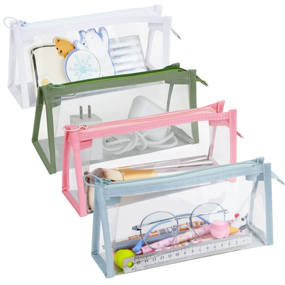 4 Pack Pencil Cases Clear Pen Pouch Exam Pencil Storage Bag Marker Pouch with Zipper, Transparent Travel Makeup Cosmetic Bag, Stationery Toiletries Organizer for Teen Students Adults