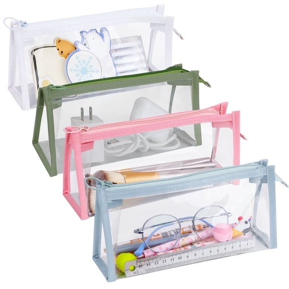 4 Pack Pencil Cases Clear Pen Pouch Exam Pencil Storage Bag Marker Pouch with Zipper, Transparent Travel Makeup Cosmetic Bag, Stationery Toiletries Organizer for Teen Students Adults