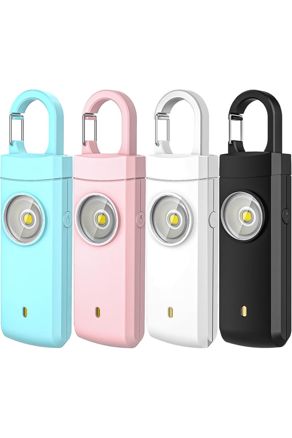 4 Pack Personal Safety Alarm, 130dB Recharable Self Defense Siren with LED Strobe Light, USB-C Emerncy Keychain Alarm for Women Kids Elderly, 4 Colors (Aqua/Black/Pink/White)