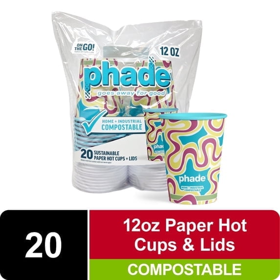 4 Pack - Phade Marine Biodegradable and Compostable Paper Hot Cups with Lids, 12 oz, Paint, 20 Count
