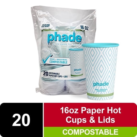 4 Pack - Phade Marine Biodegradable and Compostable Paper Hot Cups with Lids, 16 oz,Blue Diamond, 20 Count