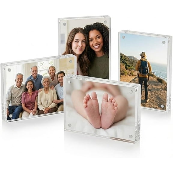 4 Pack Picture Frames 4x6, Extra Thick Photo Block, Double Sided Clear Frameless Picture Holder, Self Standing Desktop Display for Office, Wedding Table Numbers &
