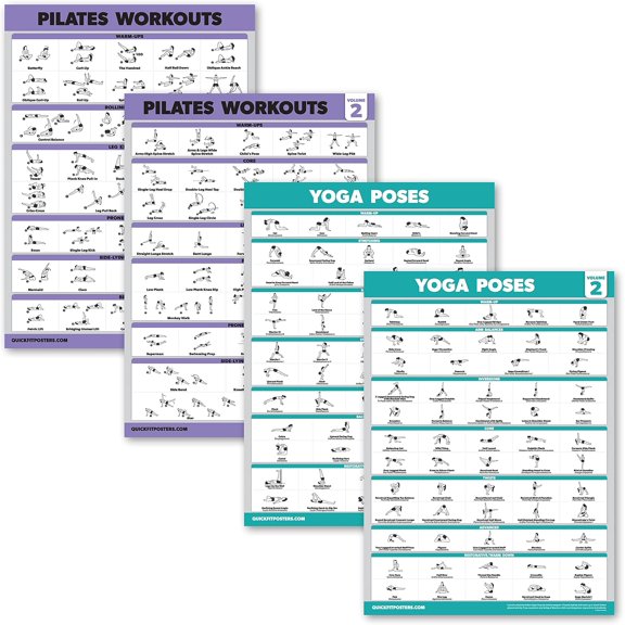 4 Pack - Pilates Workout Volume 1 & 2 + Yoga Poses Volume 1 & 2 - Exercise Poster Set