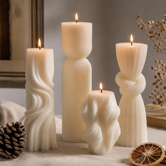 4-Pack Pillar Candles - Soy Wax Ribbed Candles for Decor, Housewarming , Shelf & Table Decor - Aesthetic Modern Candles Set ( White)