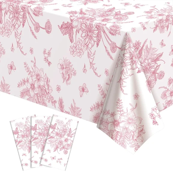 4 Pack Pink Floral Plastic Tablecloths, 54 X 108 in Tea Party Tablecloth Disposable Vintage Table Cloth Pink and White Porcelain Tables Decor for Anniversay Birthday Garden Wedding Party