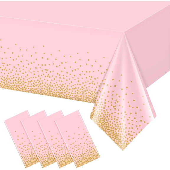 4 Pack Pink and Gold Plastic Tablecloth for Parties, Pink Disposable Table Cloth for Rectangle Tables, Gold Dot Confetti Light Pink Tablecloth for Birthday Wedding Baby Shower Party, 54x108