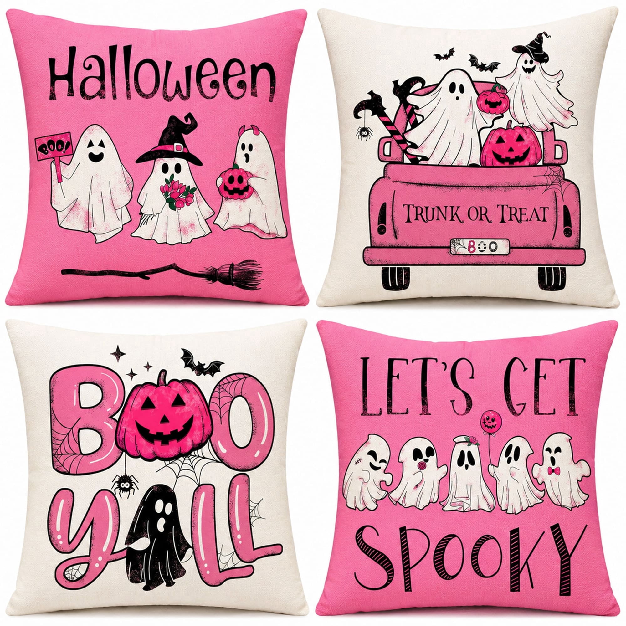 4 Pack Pink Halloween Pillow Covers 18x18, Cute Ghost Pumpkin Throw Pillow Covers for Couch Sofa, Faux Linen Halloween Decorative Cushion Covers for Living Room Bedroom Home Decor