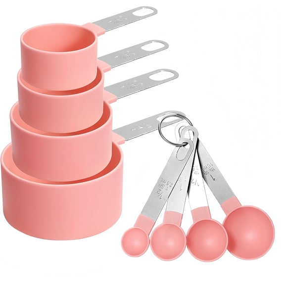 4 Pack Pink Measuring Cups and Spoons Set, Plastic Measuring Spoons with Stainless Steel Handle, Kitchen Measuring Tools for Baking, Cooking, Dry and Liquid Ingredients