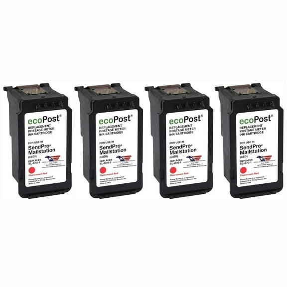 4-Pack | Pitney Bowes SL-870-1 Red Fluorescent Ink Cartridge Replacement for SendPro Mailstation (CSD1) Postage Meter