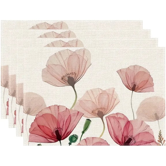 4 Pack Placemats Pink Poppy Flowers Place Mats Set Double-Sided Dining Table Mats