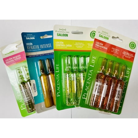 4-Pack Placenta Life Ampoules for a Complete Hair Treatment /Ampollas de Tratamiento Completo. Regenerating, Hair Loss Control, Keratin and Preventive(Mix)