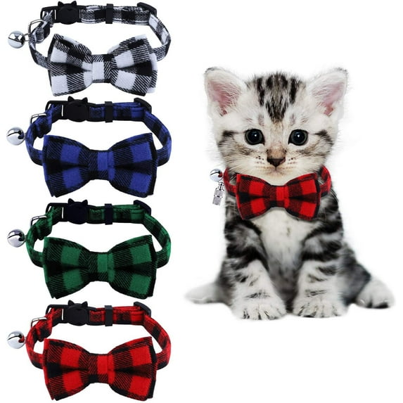 4 Pack Plaid Cat Collars Quick Release Cat Collar with Bell and Bow Tie Kitty Safety Cat Collar Breakaway Cat Collar Cute Plaid Adjustable Cat Bow Tie Collars