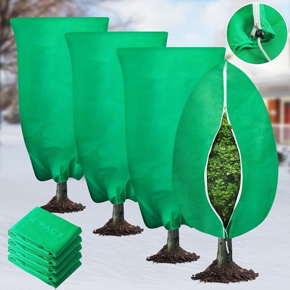 4 Pack Plant Covers Freeze Protection 23.64" x 31.52" Frost Cloths Blankets with Zipper Drawstring, Shrub Jackets Tree Covers for Winter Outdoor Garden Plants Potted