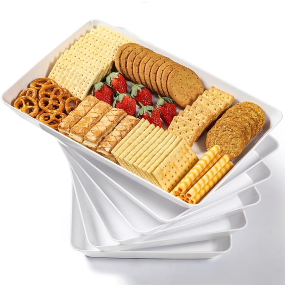 4-Pack Plastic 16" x 11" Large White Serving Trays Set - Reusable Serving Platters for Cookie, Appetizer, Charcuterie, Snack, Dessert, Party Food Display - Stackable Kitchen CounterTop Tray
