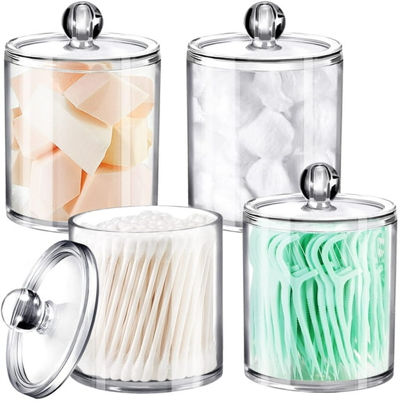 4 Pack Plastic Acrylic Bathroom Vanity Countertop Canister Jars with Storage Lid,Apothecary Jars Qtip Holder Makeup Organizer for Cotton Balls,Swabs,Pads,Bath Salts